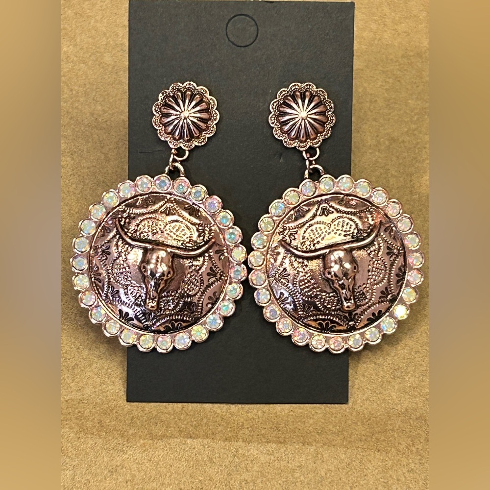 Copper & Iridescent Rhinestone Post Earrings Featuring Longhorns & Small Concho